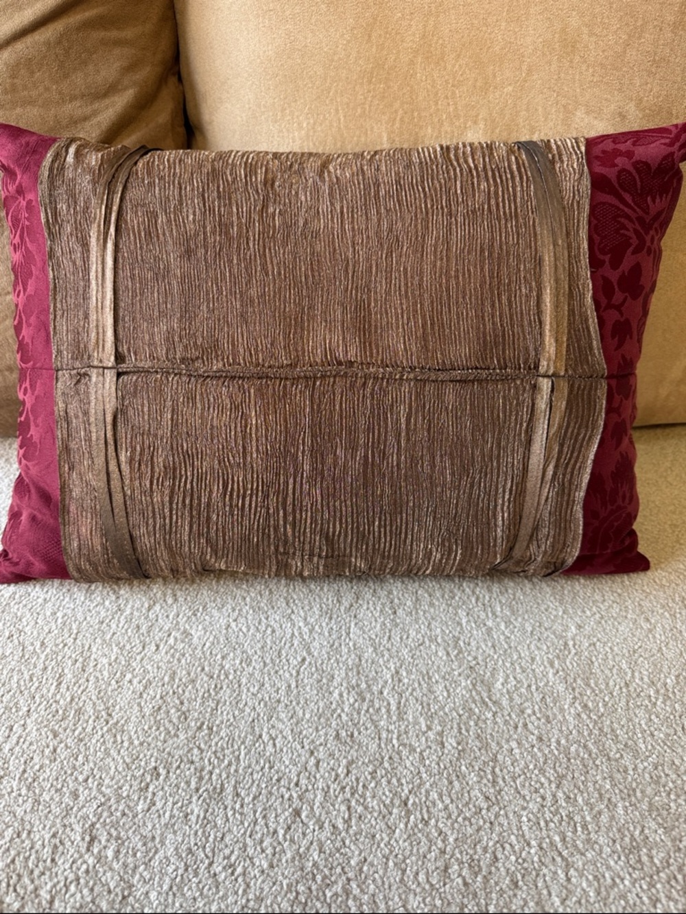 Bundle of Two Decorative Bow-Tie Accent Throw Pillows - Gold, Brown, Burgundy - Picture 6 of 7
